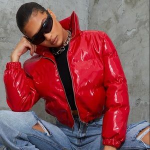 Red Cropped Vinyl Puffer